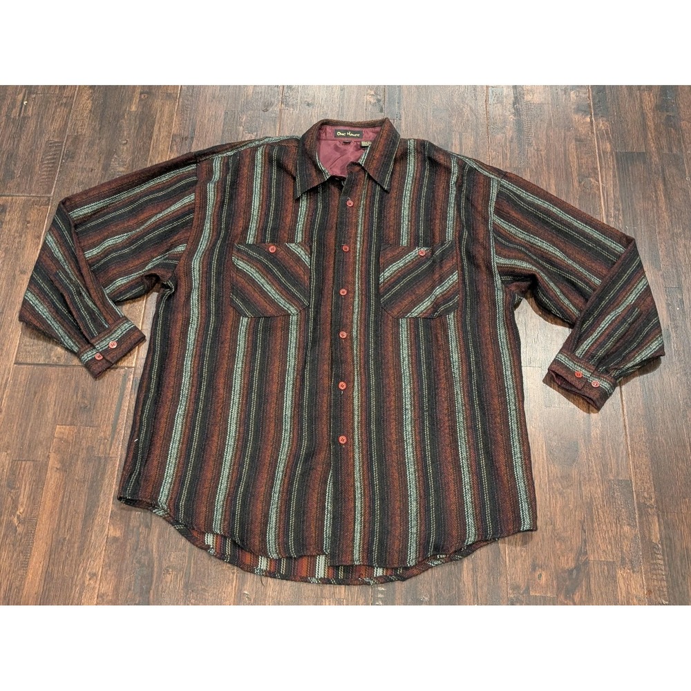 Vintage 90s‎ One House Western Striped Flannel Shacket Mens XL Burgandy Soft